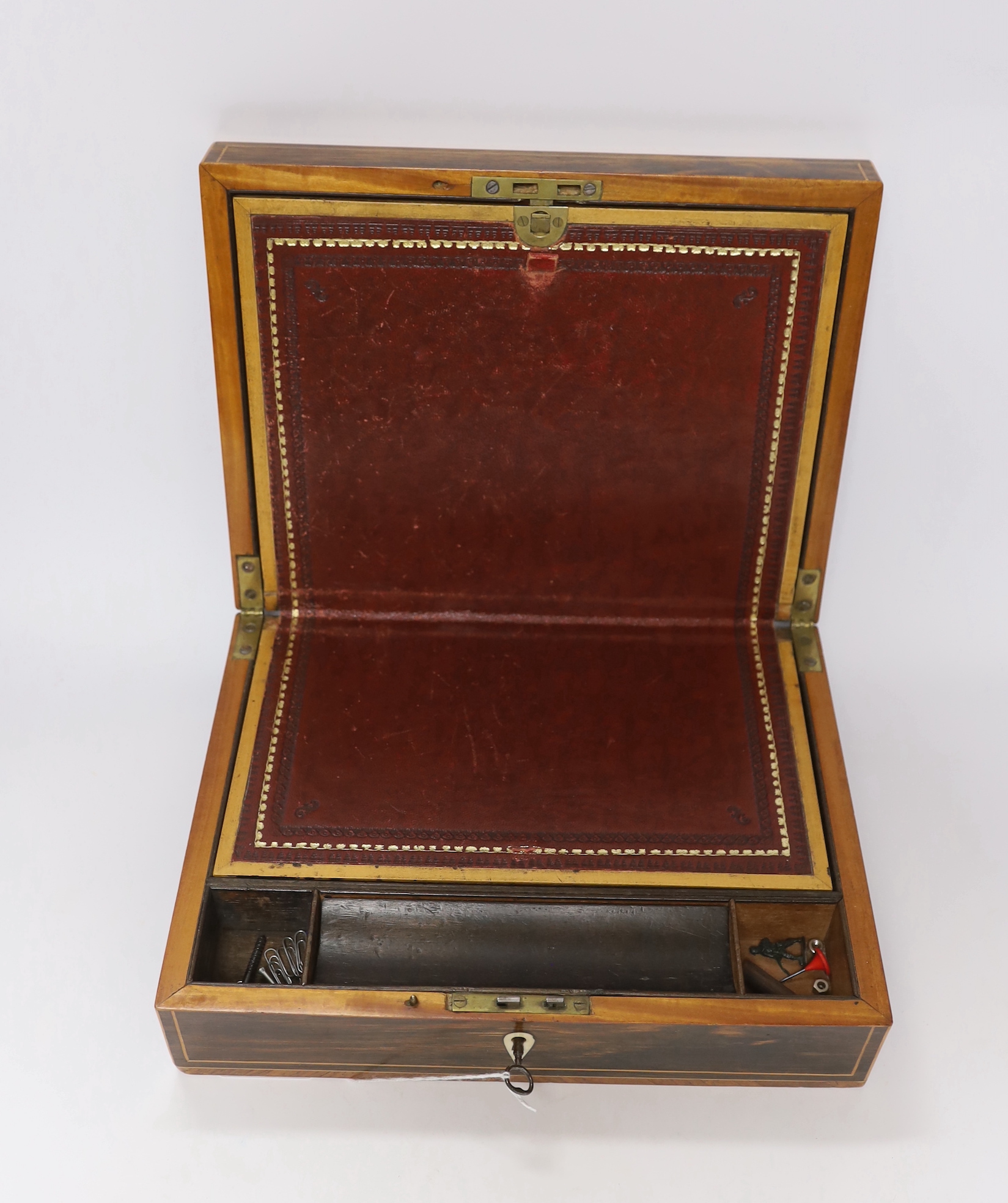 A 19th century coromandel writing slope with bone lock escutcheon and a Victorian silver mounted stationery box, largest 30cm wide